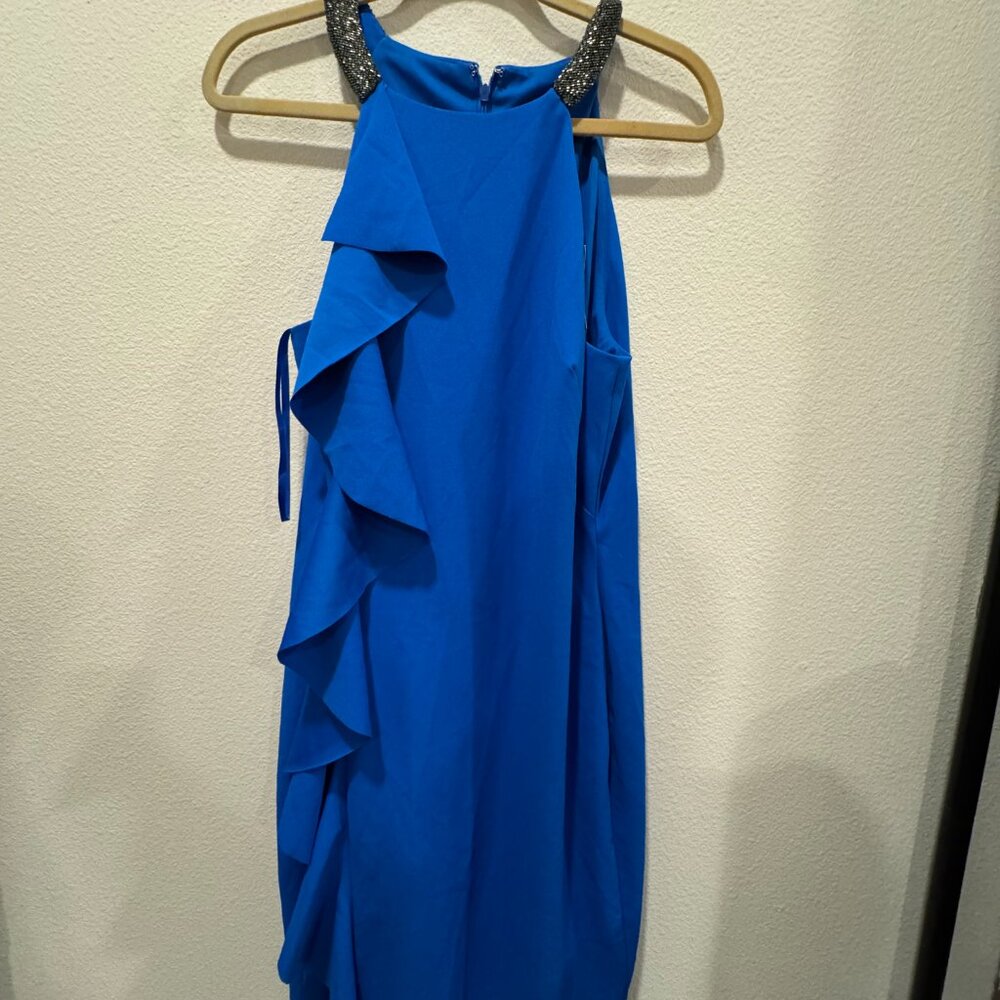 Ralph Lauren Size 16 Ruffled Cocktail Sheath Beaded Halter Dress PORTUGUESE BLUE - Picture 12 of 12